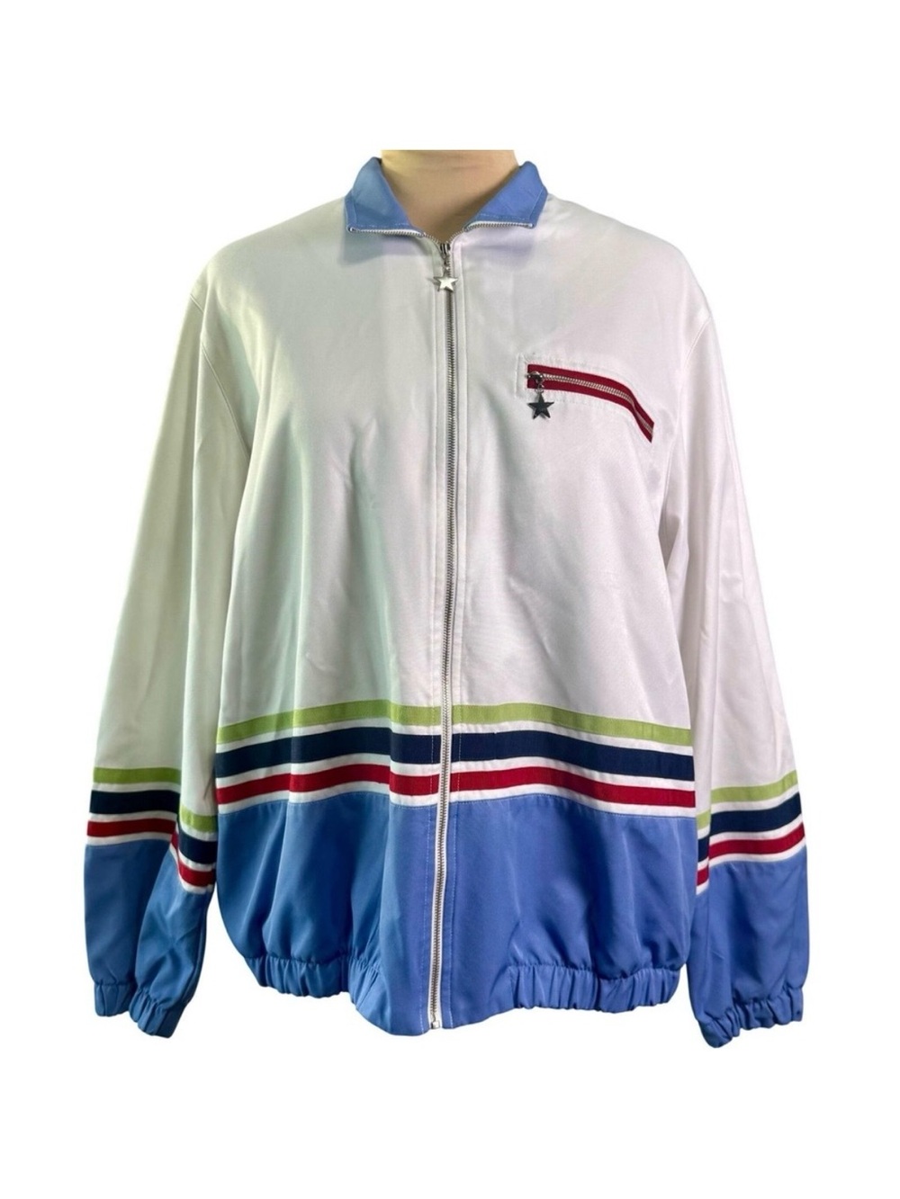 Alfred Dunner Track Jacket White Blue Stripes Retro Windbreaker Vintage Size 14